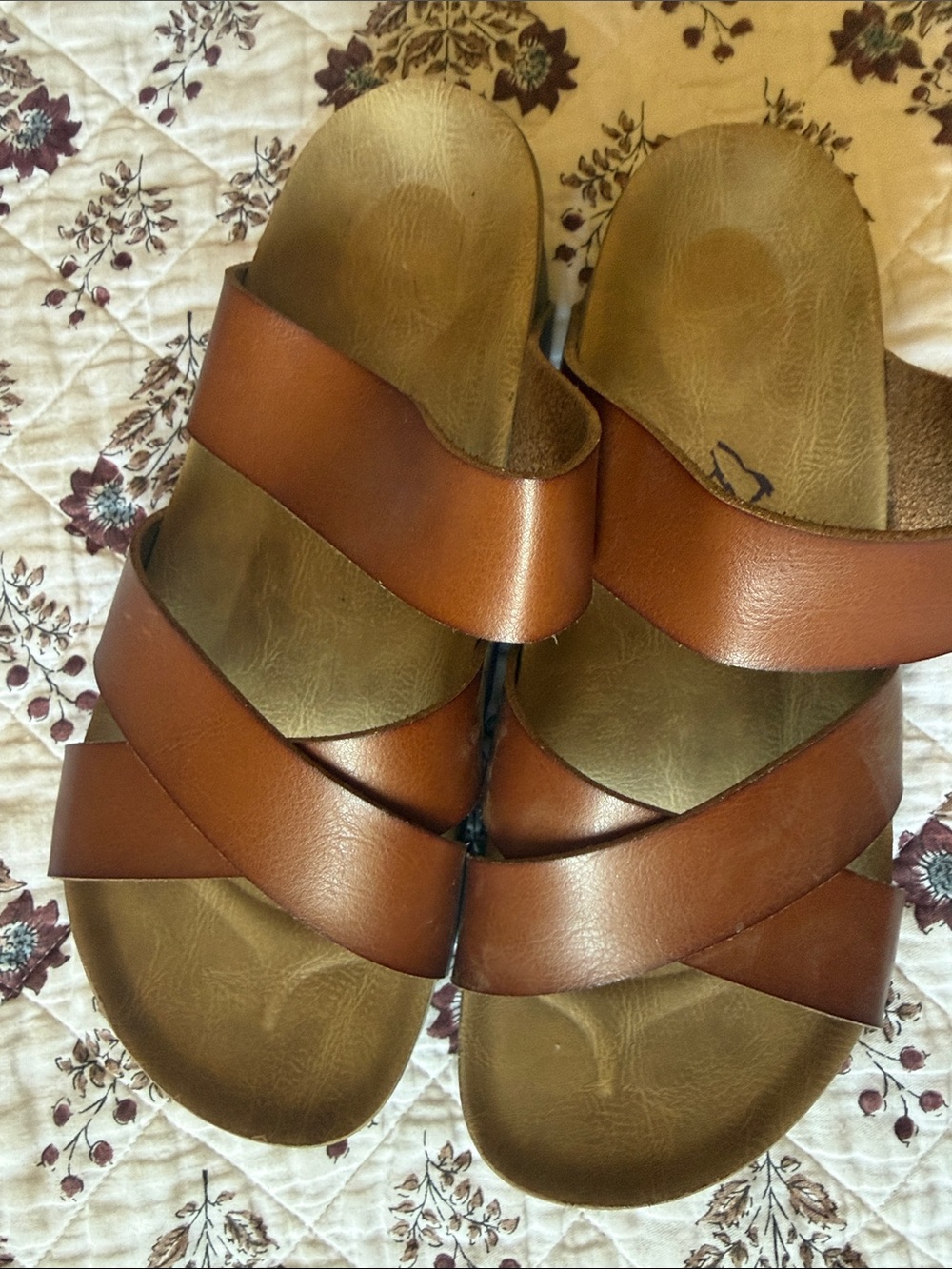 Brown Triple-Strap Slide Sandals…no size, est. 7.5 based on my size 8 foot size.